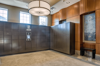 a view of the elevators in the building  at Harbor Pointe, Bayonne, New Jersey